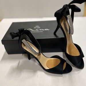 Black Satin Dress Shoes with Rhinestone anklet